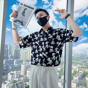 雅痞风流行宽松休闲小狗尖领花衬衫潮男B297-7783-P58控78图片