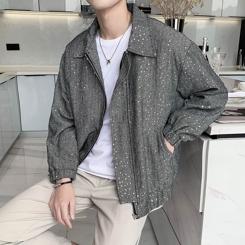 轻熟风春秋人字尼亮片大翻领修身夹克B297-7762-P110控148图片