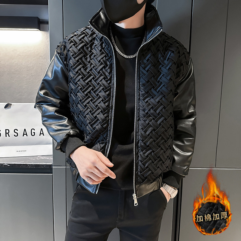 社会轻奢冬季纯色格子PU皮拼接修身加棉棉衣B0297-1813-P145,男装棉衣,电商B297