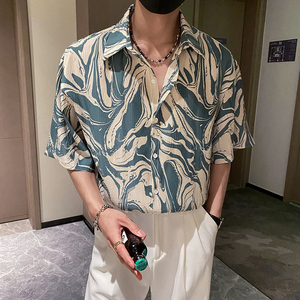 社会轻奢垂坠感水墨折皱花衬衫潮牌B297-2316-P55控88图片