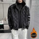 轻熟风冬季纯色格子PU皮拼接修身加衣B0297-1815-P145控198，男装棉衣，电商B297
