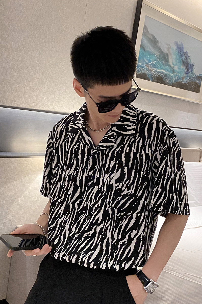 社会风沙滩宽松蝴蝶结半袖碎花衬衫痞帅B297-7731-P58控78,男装衬衫,电商B297