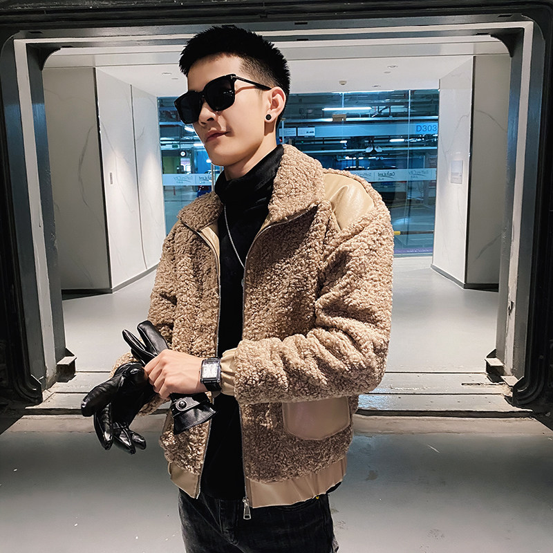社会风纯色PU皮拼接立领羊羔绒棉衣上衣B297-2823-P155控215图片