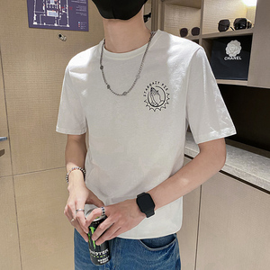 社会风纯色印花圆领修身短袖T恤B297-203-P35控58图片