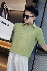 社会风纯色宽松套头格子短袖POLO衫上衣B297-7781-P58控78图片