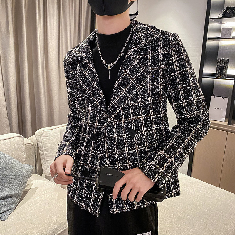 雅痞风春秋香风毛呢格子西装夹克上衣B297-7739-P100控139图片