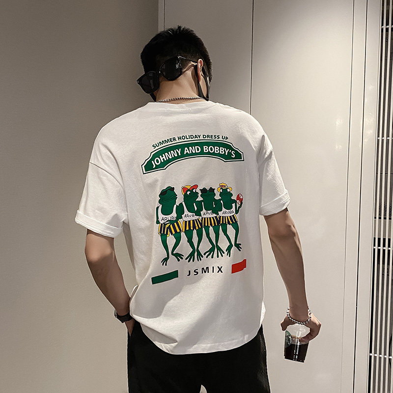 社会风后背青蛙印花宽松T恤潮男B297-158-P35控58,男装T恤,电商B297