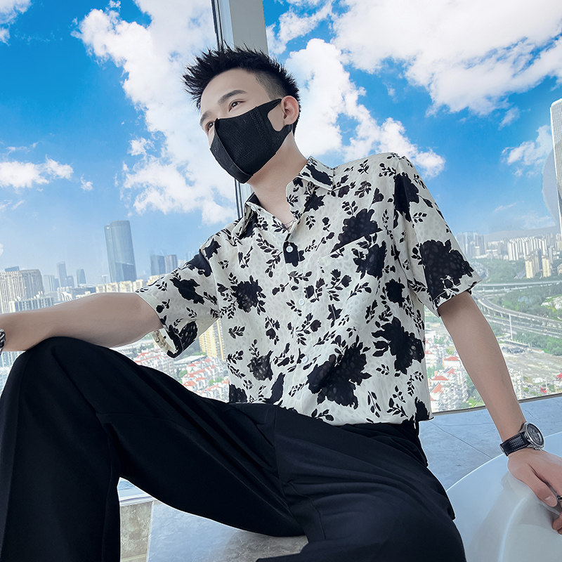 雅痞风短袖流行宽松休闲尖领花衬衫潮男B297-7782-P58控78,男装衬衫,电商B297