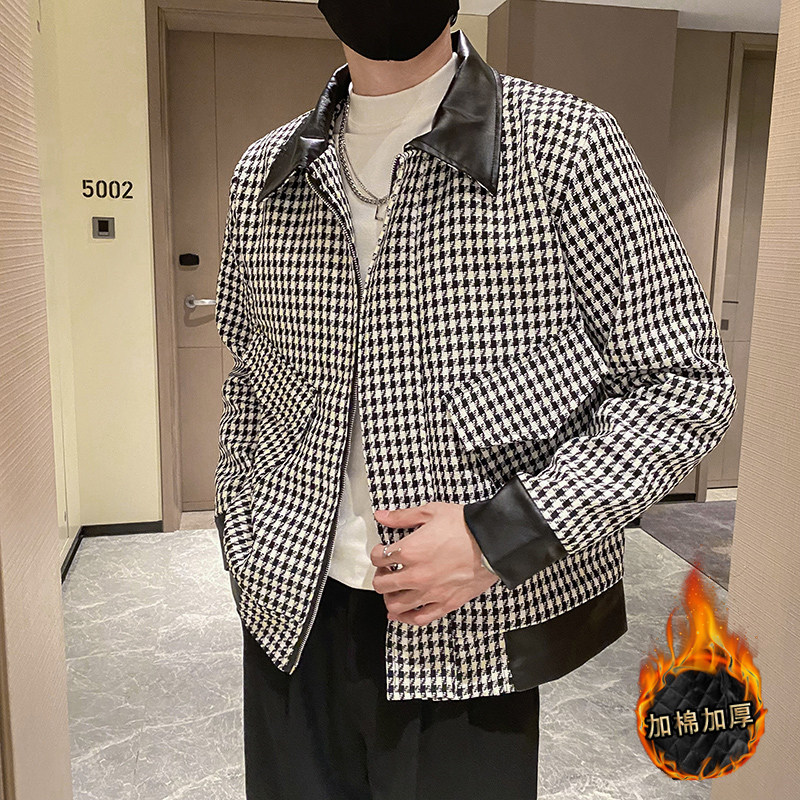 社会轻奢风千鸟格PU皮拼接加修身衣上衣B297-1809-P130控168,男装棉衣,电商B297