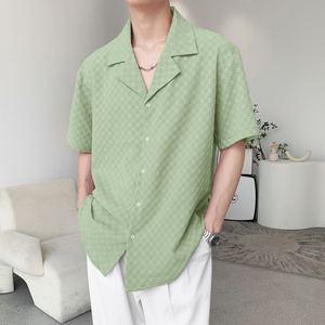 社会轻奢纯色棋盘格古巴领衬衫痞帅B297-2313-P55控88图片