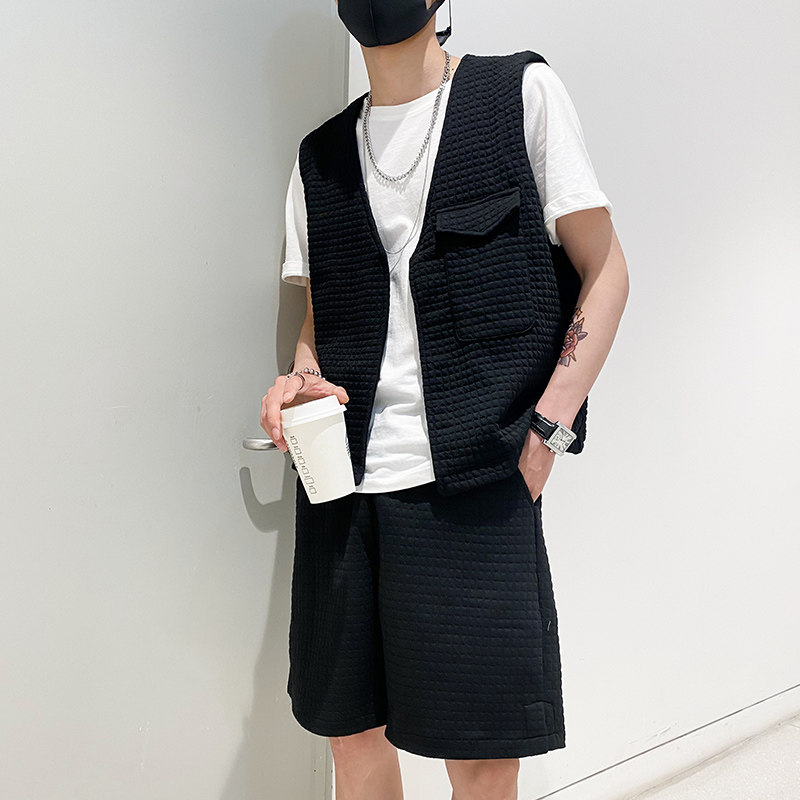 社会风纯色华夫马甲休闲两件套装B297-7723-P105控148，男装休闲套装，电商B297