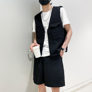 社会风纯色华夫马甲休闲两件套装B297-7723-P105控148,男装休闲套装,电商B297