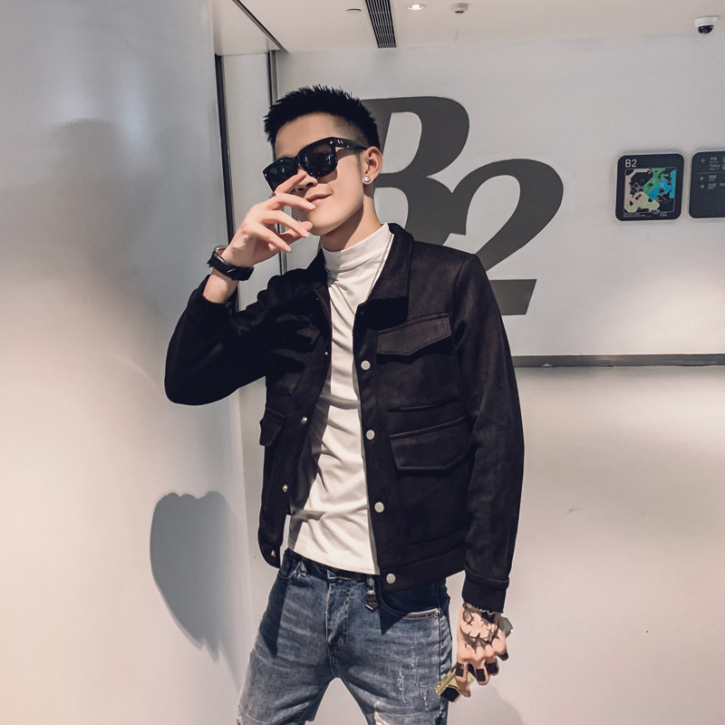 2021春社会风麂皮绒按扣纯色加厚修身夹克外套B297-1930图片
