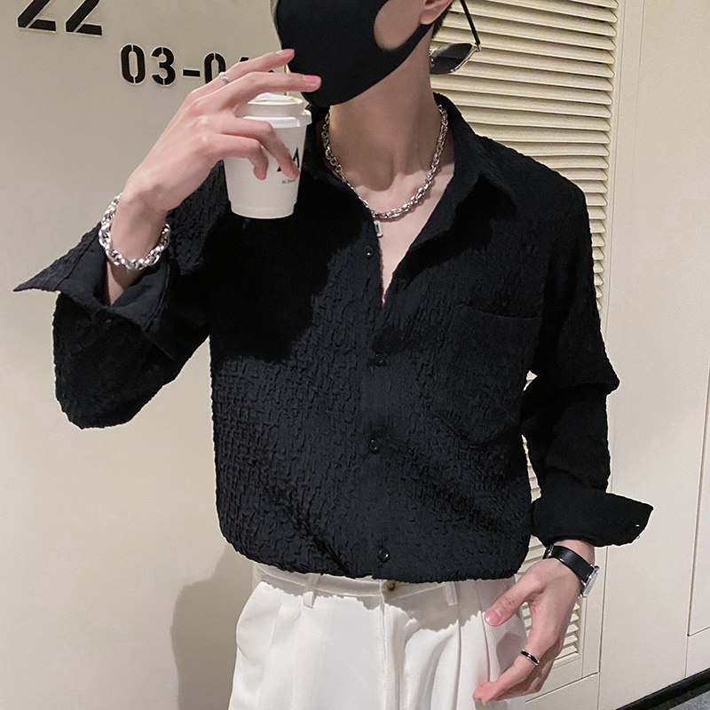 社会轻奢潮纯色高品质提花宽松蝙蝠袖衬衫潮牌B297-2311-P68控98,男装衬衫,电商B297