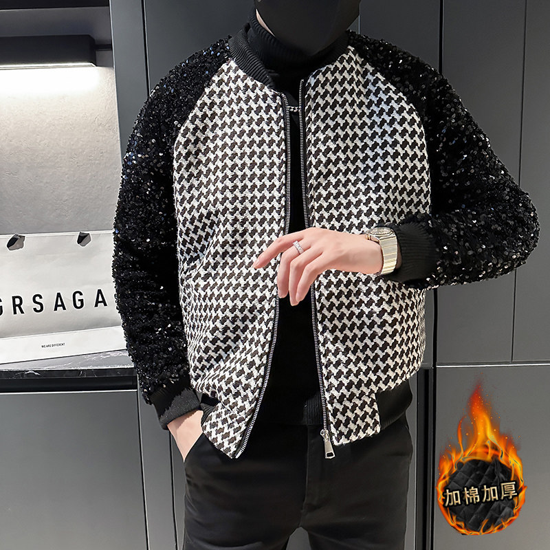 社会轻奢亮片拼接千鸟格撞色夹棉棉衣上衣B297-2815-P125图片