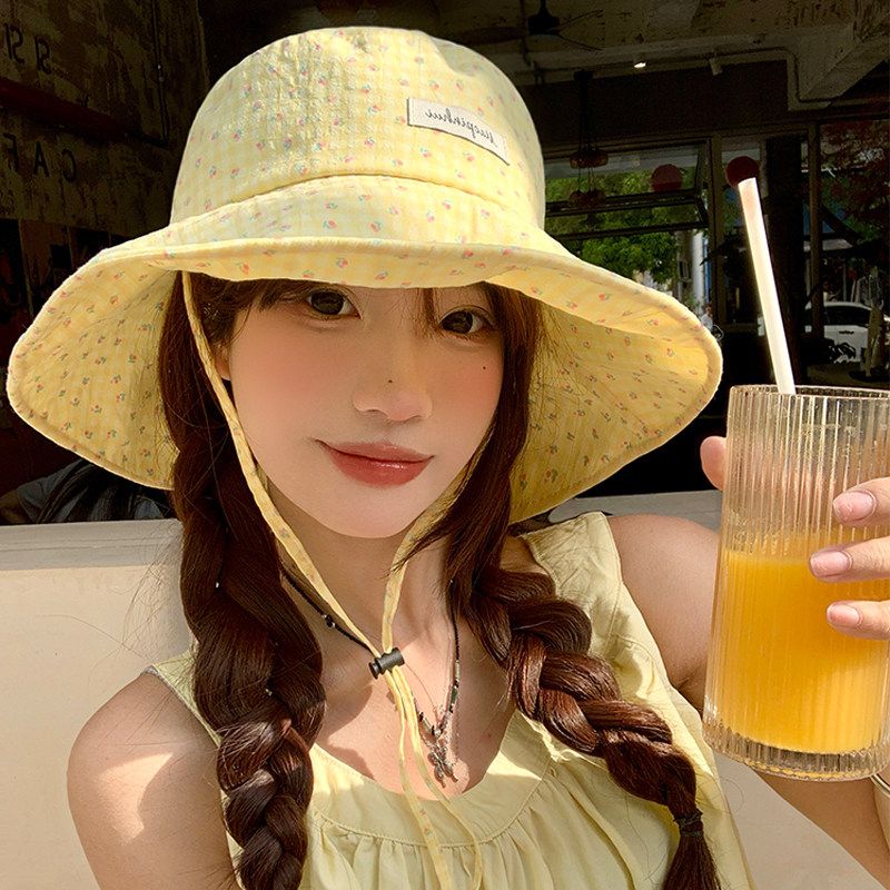 甜美碎花黄色渔夫帽女夏季户外轻薄透气大帽檐遮阳帽防晒太阳帽子