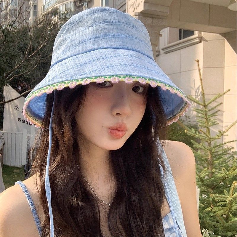 甜美碎花边蓝色渔夫帽女夏季大帽檐水桶帽显脸小可折叠遮阳防晒帽