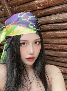 遮阳嘻哈美式紫色头巾女包头时尚夏季欧美辣妹街舞绿色方巾丝巾
