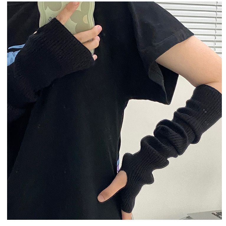 长款半指手套冬季纯色女手臂套袖套假袖子秋冬季毛线针织保暖防寒