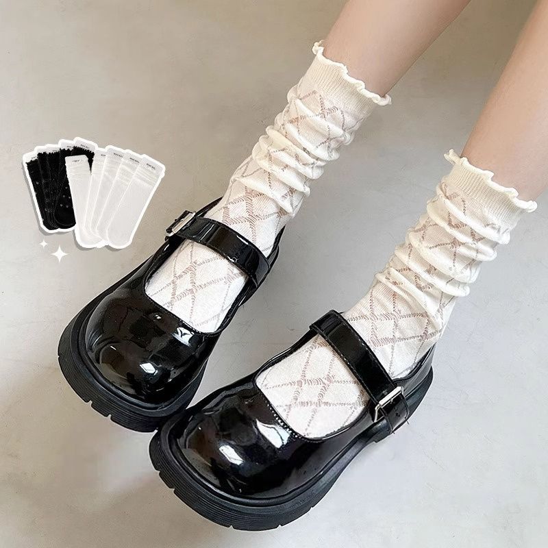 白色木耳边中筒袜堆堆袜夏季袜子女网眼透气网纱jk袜