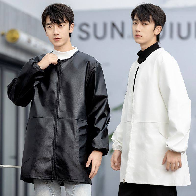 羽绒服成人罩衣男冬季时尚加厚pu皮工作服防水防油厨房护衣工作服