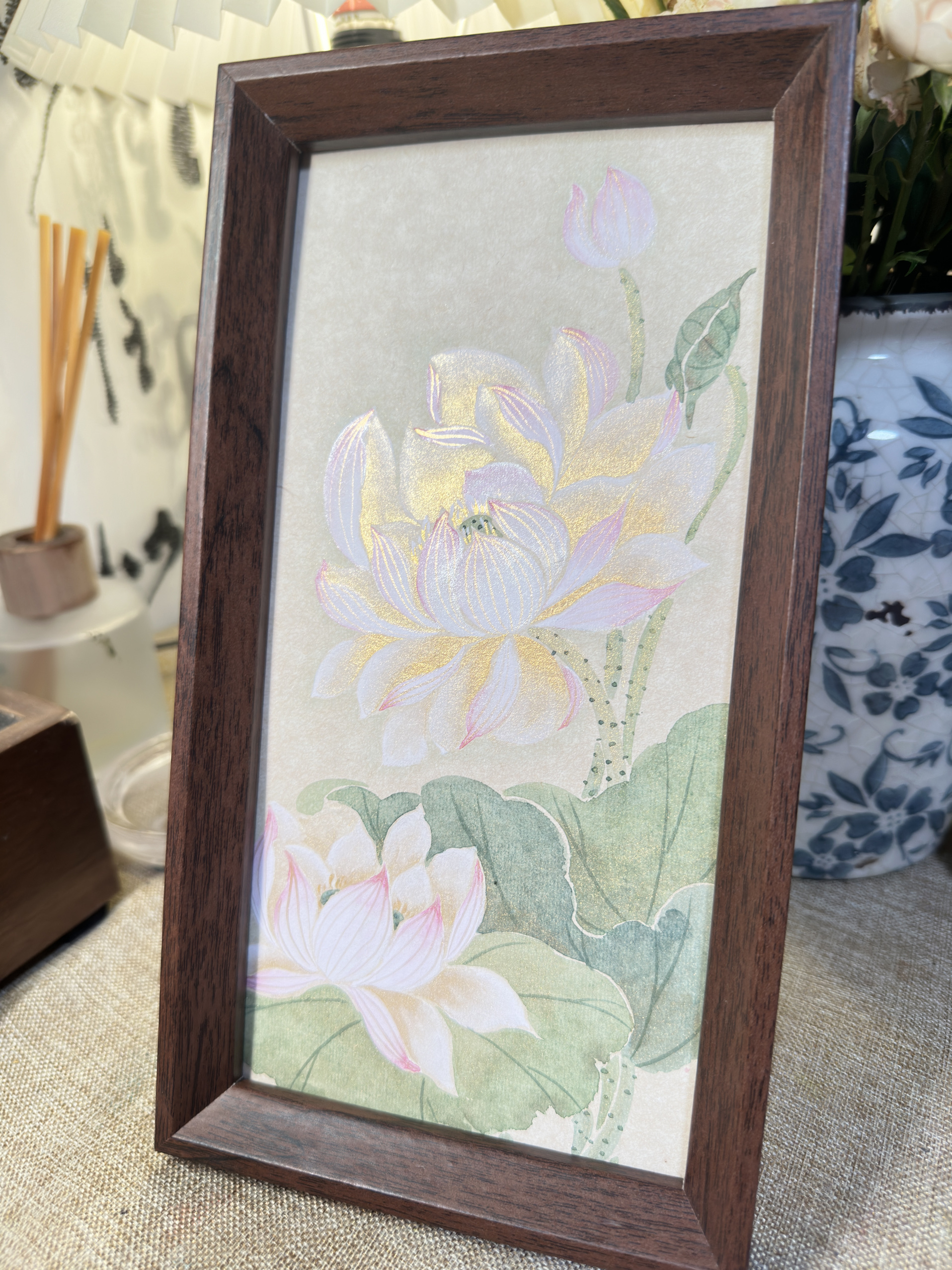手绘国画荷花茶室茶桌摆台书房客厅装饰画摆件伴手礼没骨画摆台图片