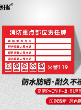 安赛瑞消防责任人标识牌PVC告示牌消防重点部位责任牌30x40cm1H00