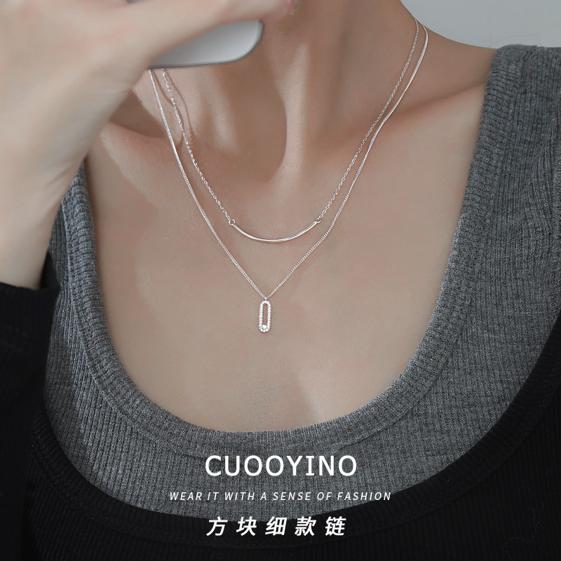 S925纯银双层方块项链