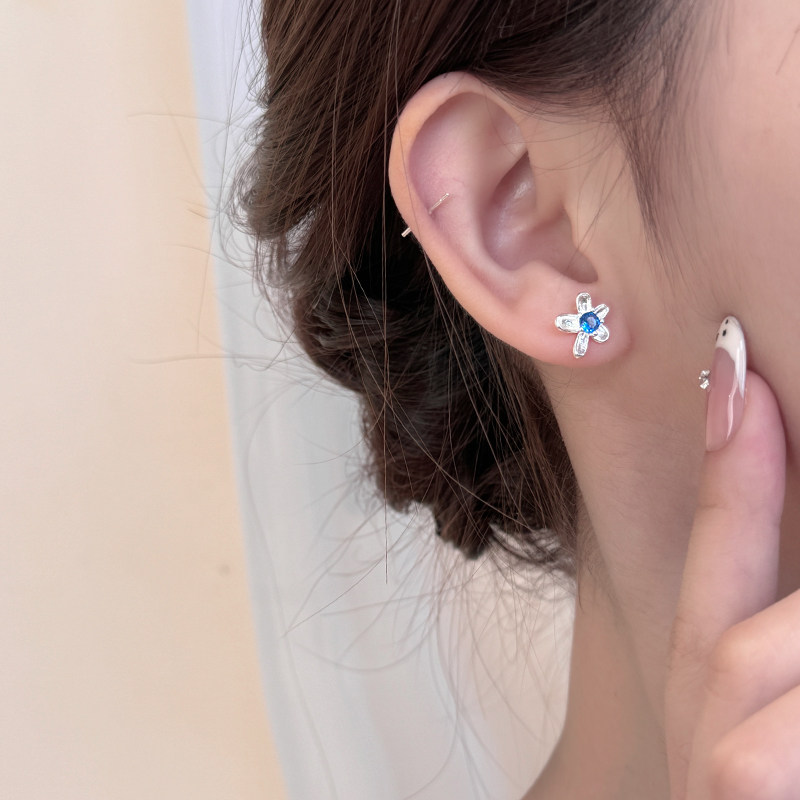 蓝色花朵925银针百搭日常耳钉