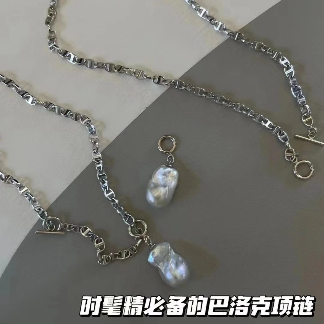 s925纯银白色巴洛克珍珠吊坠日本进口猪鼻子搭配毛衣项链一款多戴