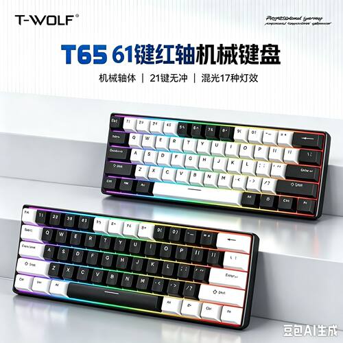 T-WOLF雷狼T65机械键盘有线电竞游戏电脑发光61键小键盘阿拉伯文