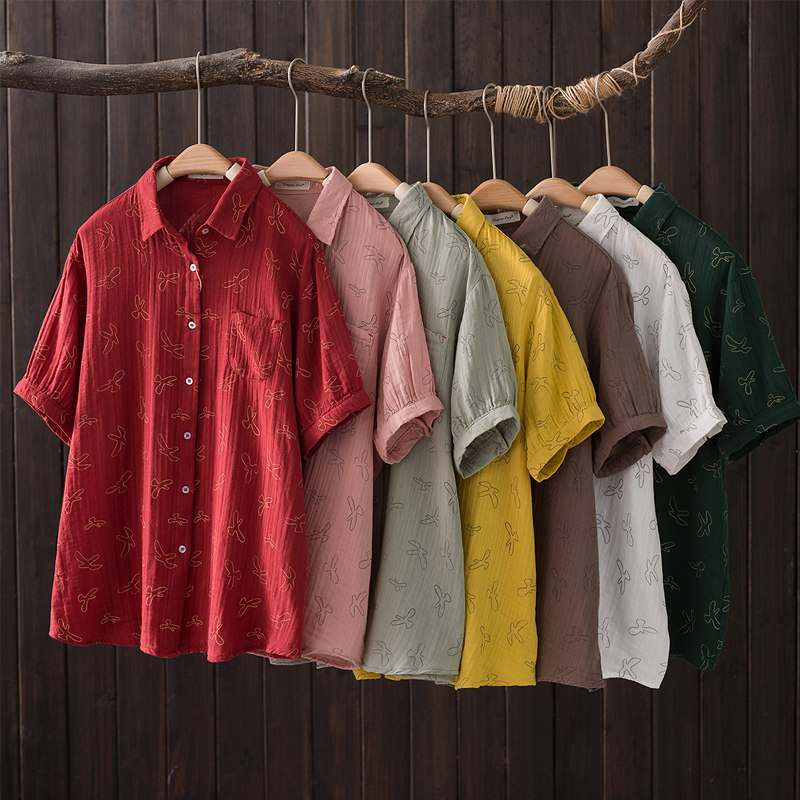 夏季新品双层棉纱大雁印花短袖衬衫女翻领提花复古上衣休闲衬衣