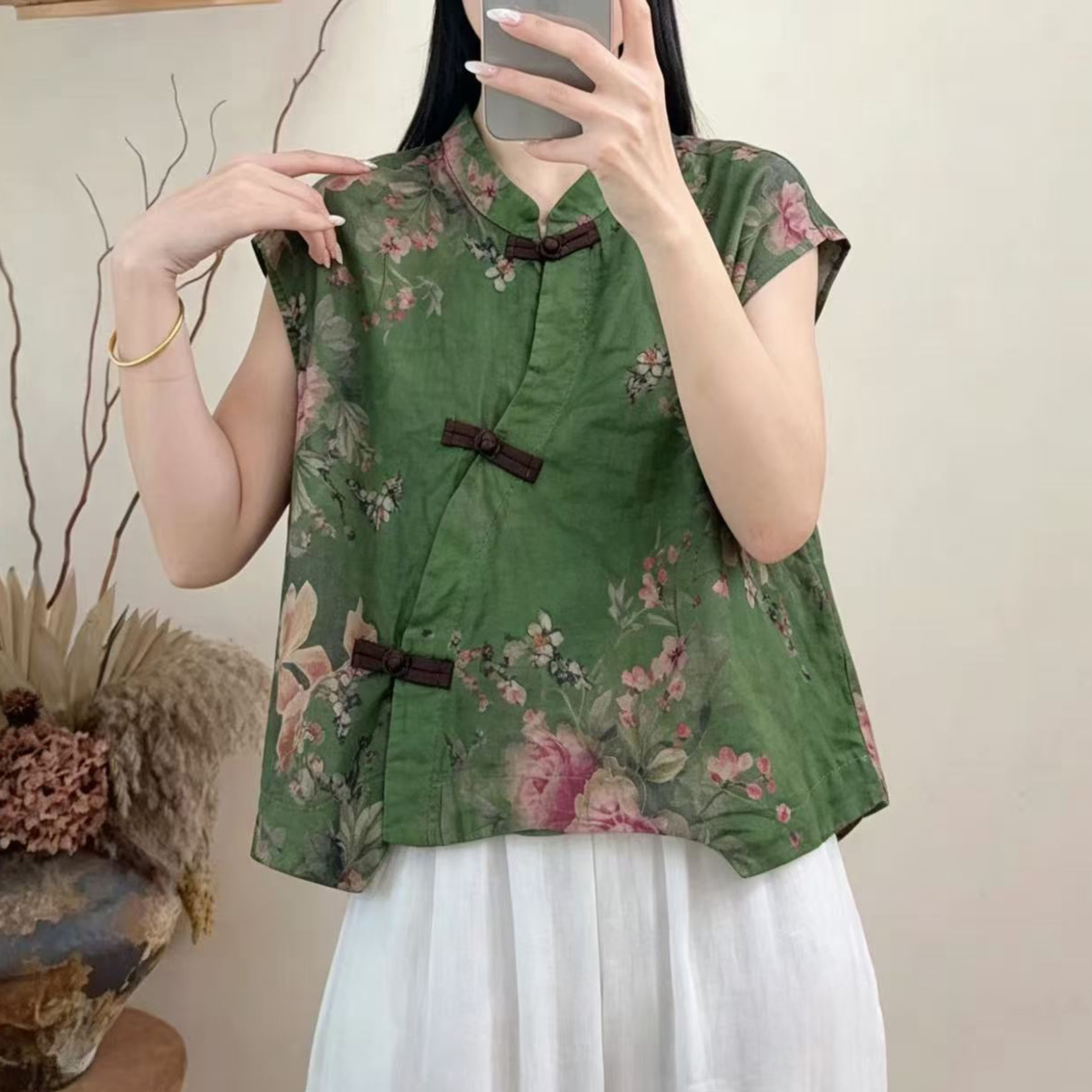 中式复古立领盘扣碎花衬衫女短袖绿色牡丹花国风双层棉纱无袖衬衣
