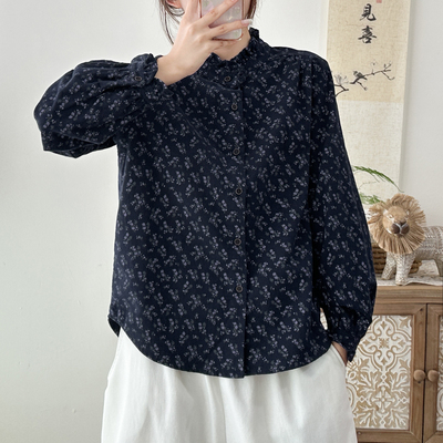 2025秋冬磨毛棉小碎花长袖衬衫女纯棉加厚衬衣打底衫复古花边立领