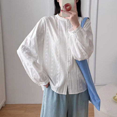 文艺风刺绣花边衬衫女长袖宽松显瘦白上衣百搭防晒衬衣提花薄外套