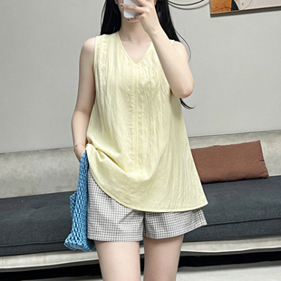 V领天丝亚麻背心女夏季宽松马甲外穿休闲上衣中长款A字版无袖衬衣