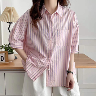 2025夏季撞色条纹衬衫女短袖上衣休闲衫文艺竖条衬衣学院风宽松版