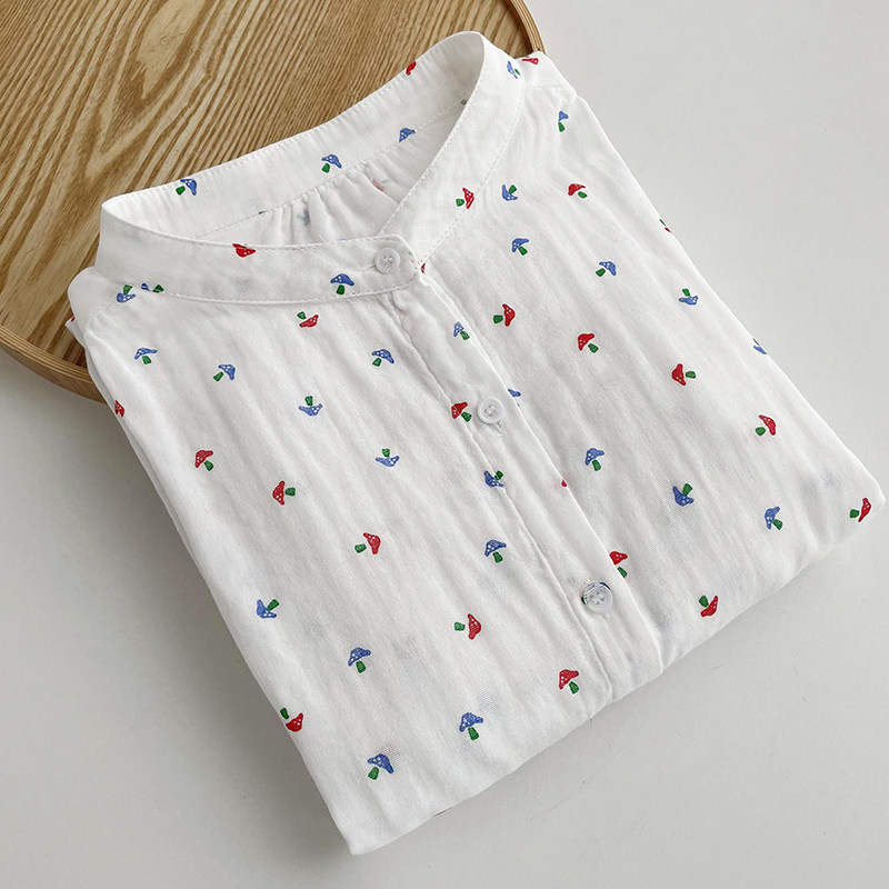 圆领双层棉纱七分袖女满身印花彩色小蘑菇上衣休闲韩范上衣蝙蝠袖