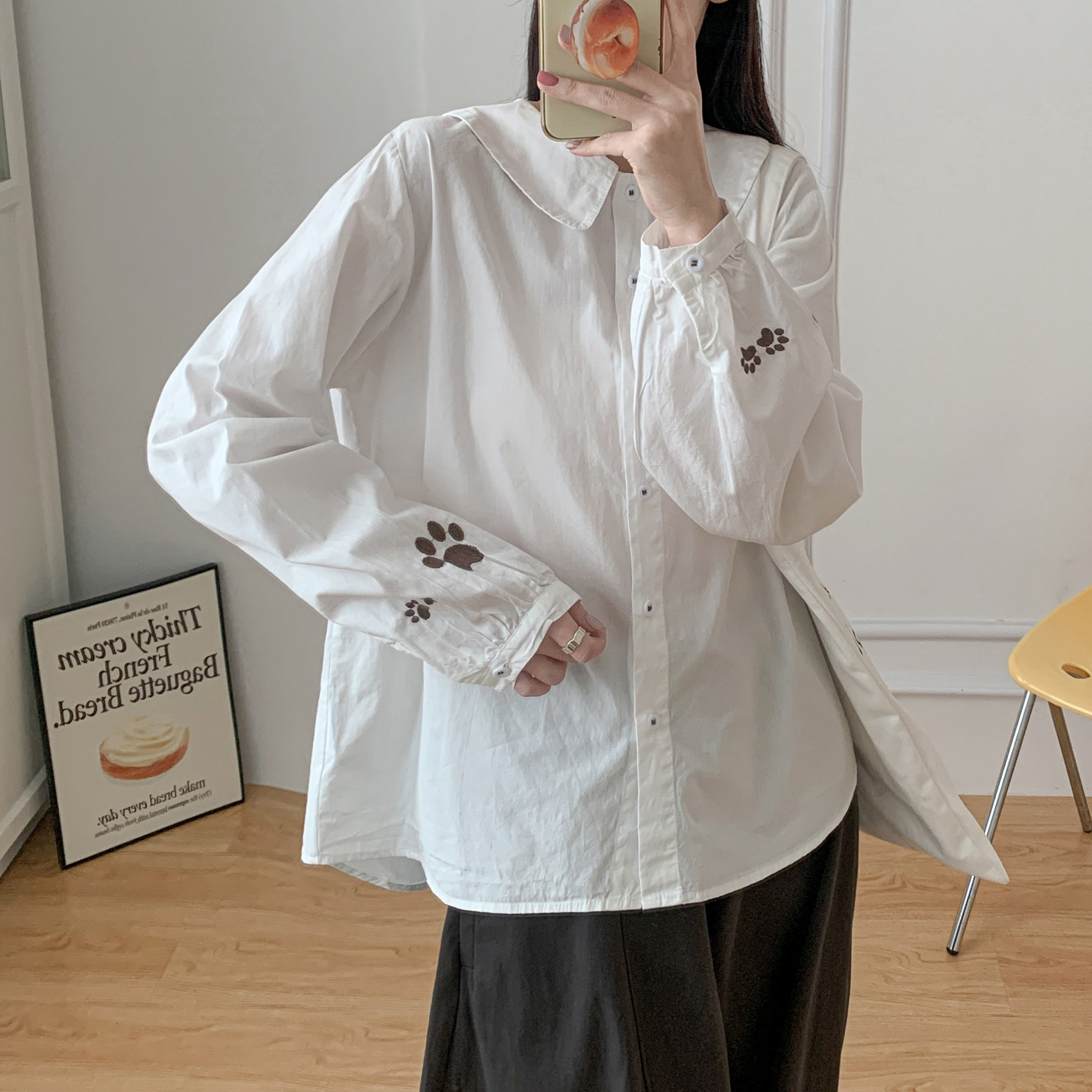 学院风猫咪刺绣灯笼袖衬衫女纯棉文艺白色衬衣减龄日系学生防晒衫