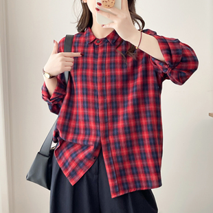 复古红格子衬衫女宽松慵懒风长袖百搭显瘦衬衣文艺休闲薄外套上衣