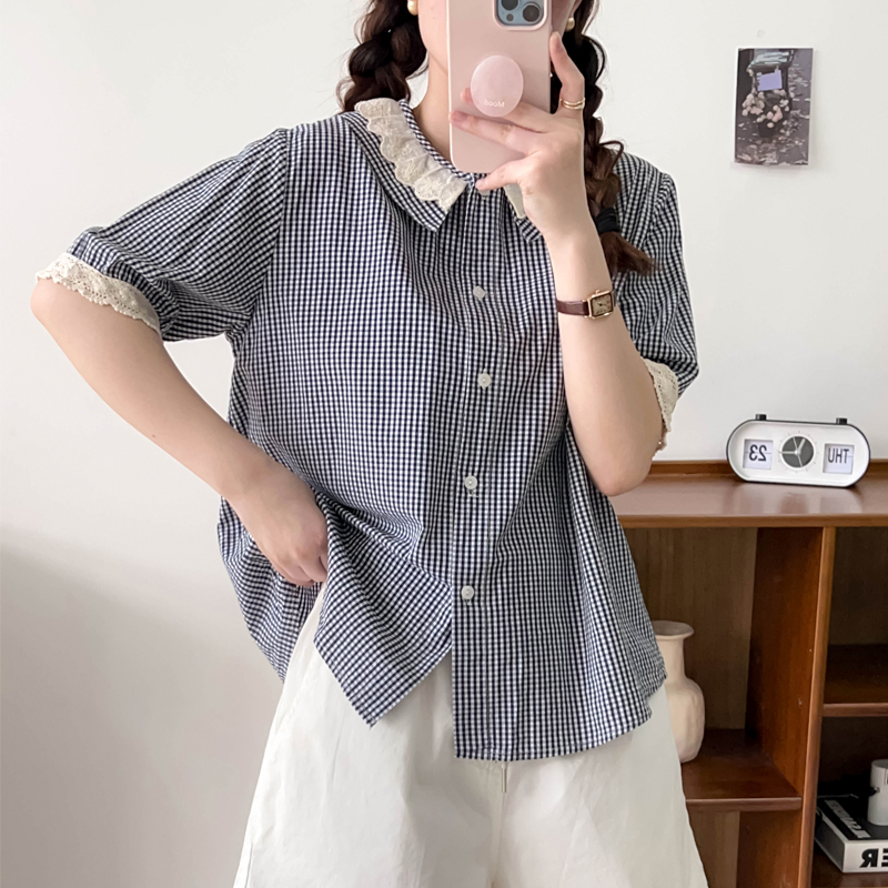双层娃娃领小格子短袖衬衫女文艺休闲衫蕾丝拼接夏季半袖上衣衬衣