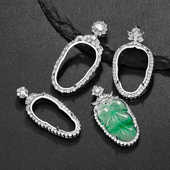 S925纯银豪华款 满钻围镶DIY吊坠空托 自镶嵌翡翠水沫玉叶子款