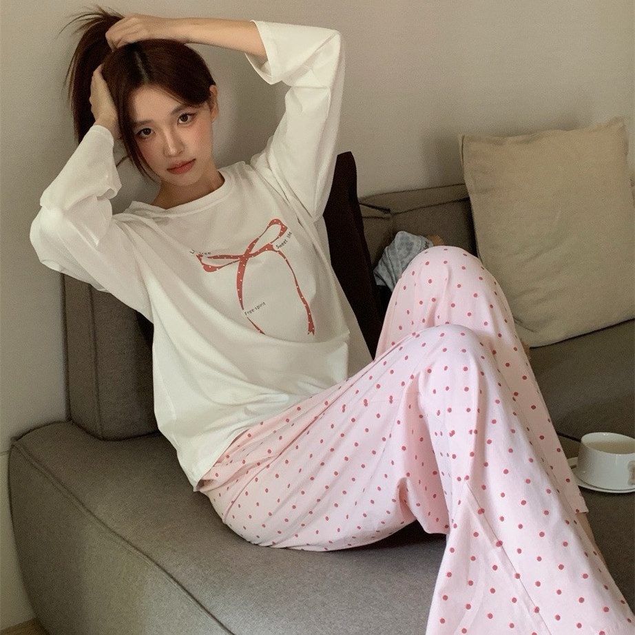 早秋韩系甜美波点少女家居服套装
