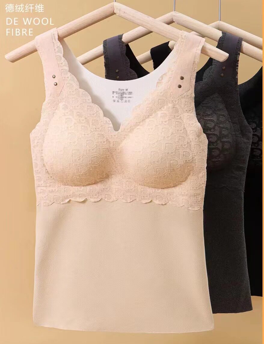 jm中脉蕾丝双面德绒发热保暖背心9668塑身女加绒带胸垫打底内衣