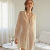 冰丝睡衣雪纺透视衬衣睡裙上衣 长款 高级性感透明白色衬衫 女士法式