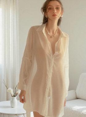 高级性感透明白色衬衫女士法式长款冰丝睡衣雪纺透视衬衣睡裙上衣