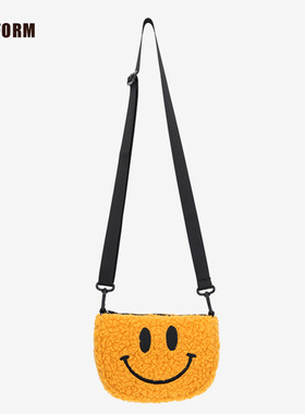 2025冬季新款笑脸毛绒斜挎包女便携手机包羊羔绒小挎包小众设计包