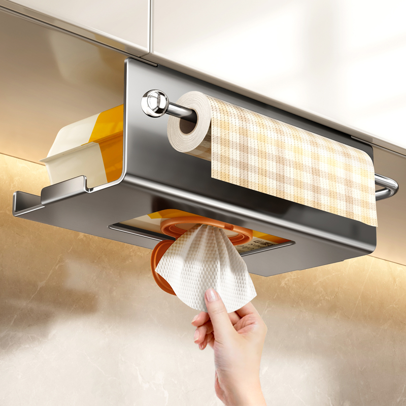 厨房纸巾架子吊柜倒挂抽纸盒收纳抹布保鲜膜橱柜湿巾收纳盒卷纸架