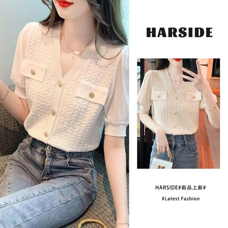 HARSIDE 夏季薄款冰丝v领白色针织T恤女高级感泡泡袖小衫短袖上衣