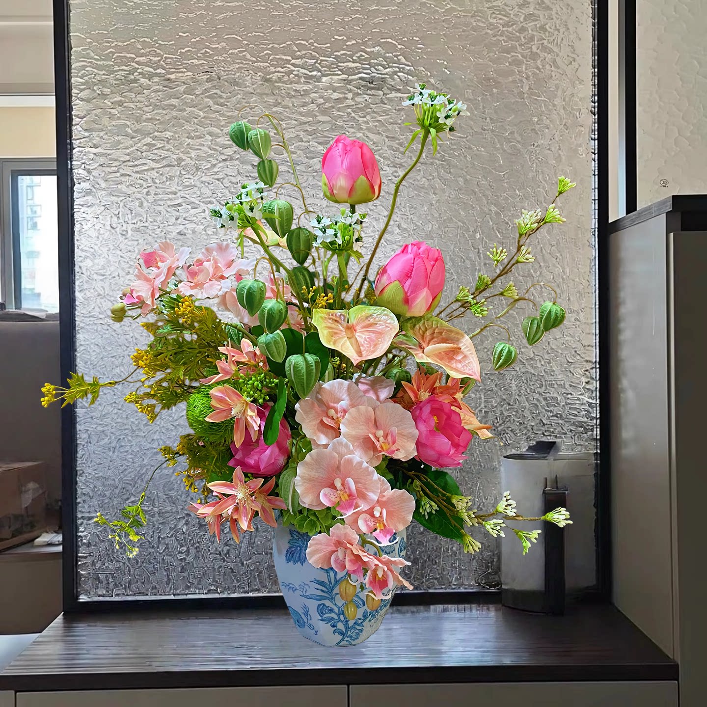 新中式中古风仿真花蝴蝶兰荷花花束客厅装饰家居供佛店面柜台花艺